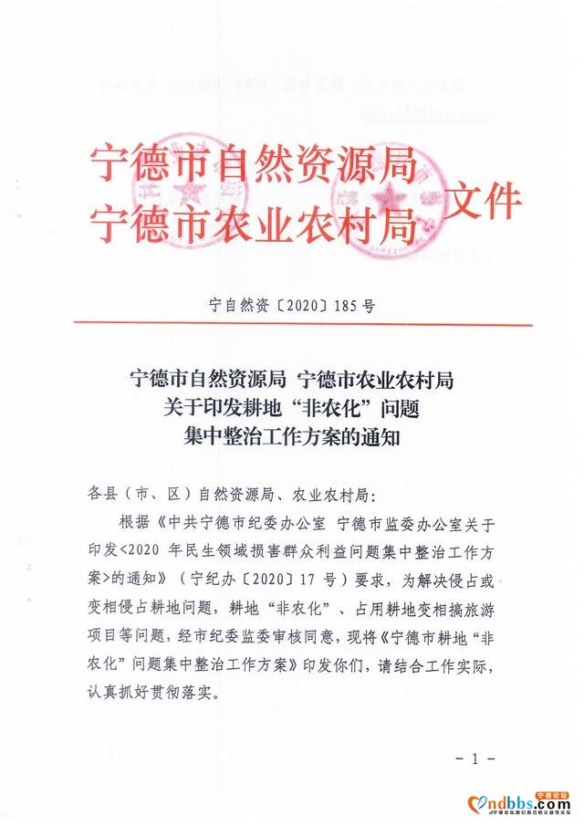 宁德市自然资源局 宁德市农业农村局关于印发耕地“非农化”问题集中整治工作方案的通知-1.jpg
